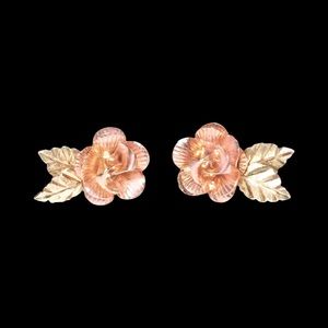 Black Hills Gold Rose Earrings. Rose gold & Leaves 12kt, Post & Back 14kt.